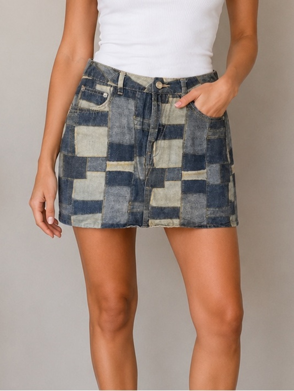 NOONEELSE Patchwork Denim Mini Skirt Blue Wash Size 27 Y2K Korean